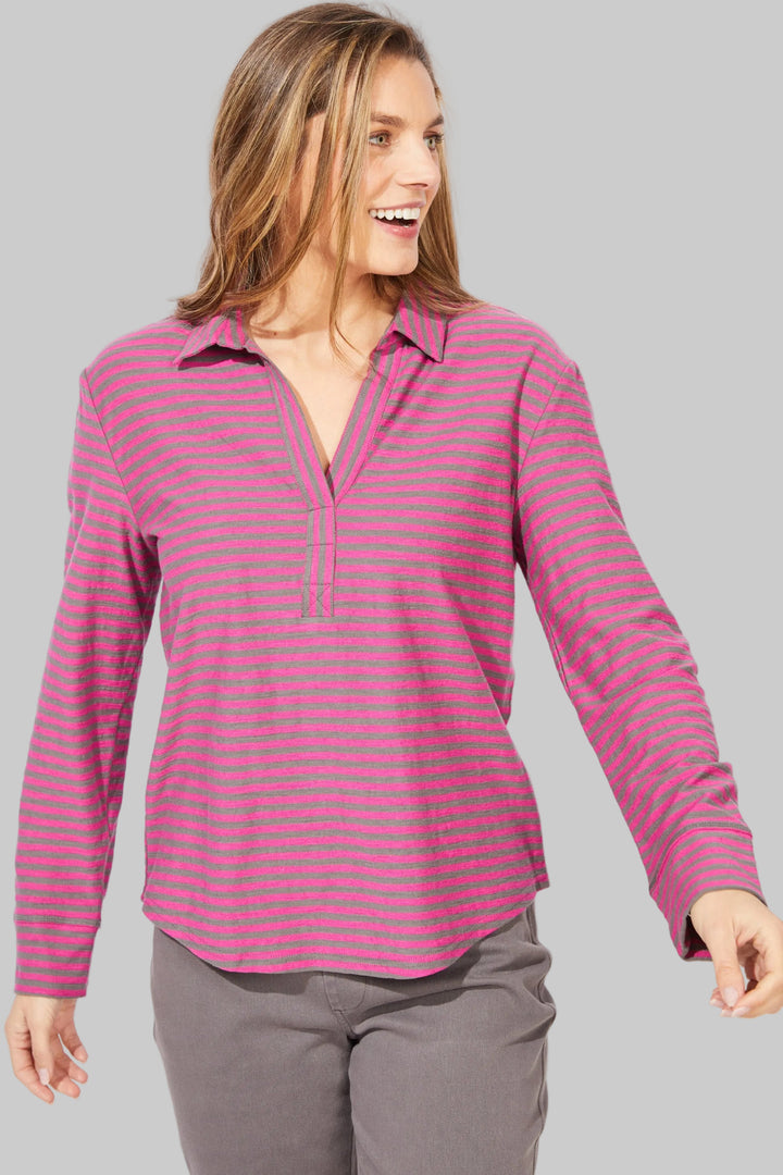L/S COLLARED SPLIT NECK VERONA STRIPE TOP - FUCHSIA
