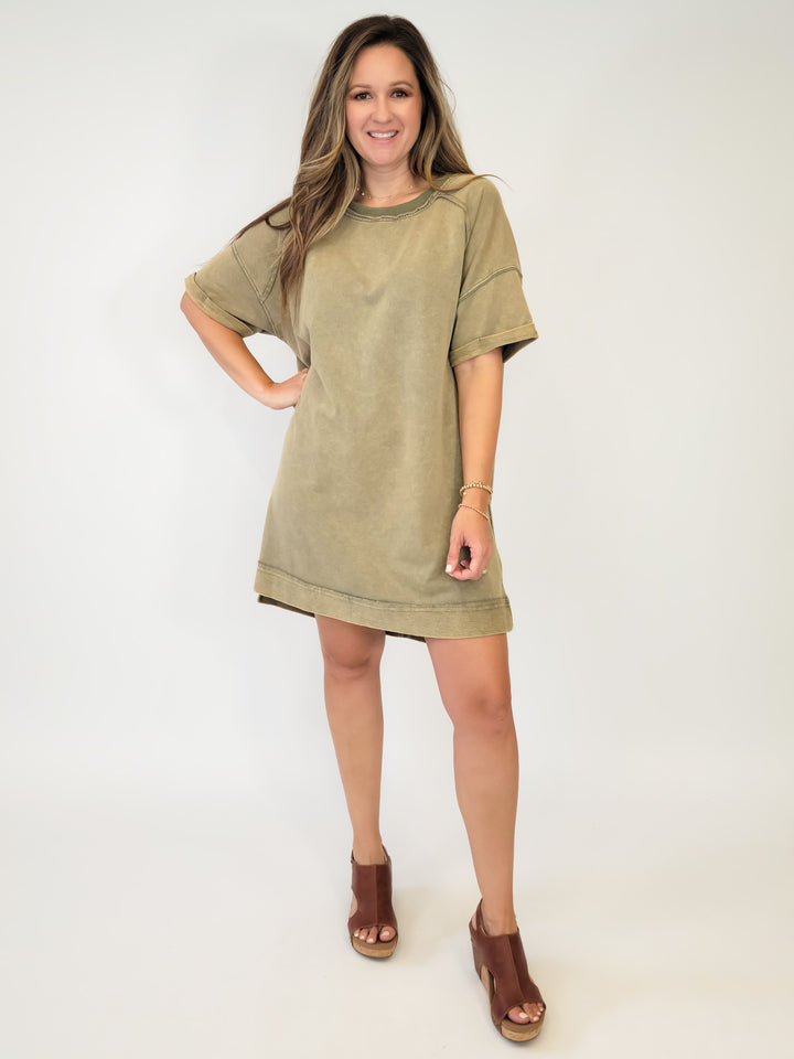 MINERAL WASH FRENCH TERRY MINI DRESS - LT OLIVE