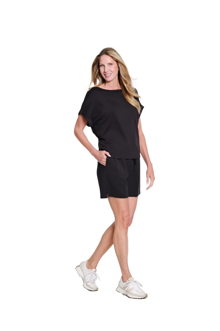 ROLLED CUFF S/S DOLMAN WIDE NECK TOP - BLACK
