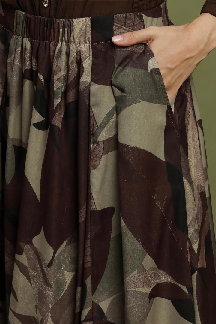LEAFY PRINT FLOWY MAXI SKIRT - BROWN