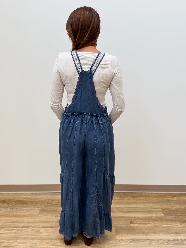 WASHED CHAMBRAY WIDE LEG OVERALLS - DENIM