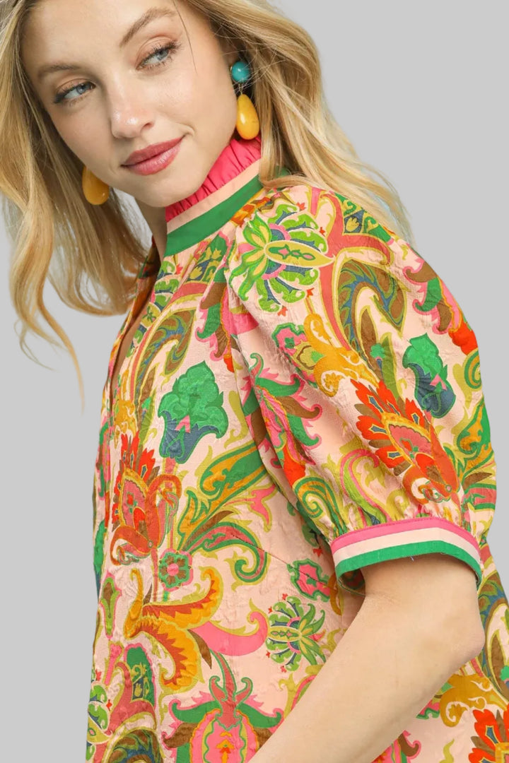 ABSTRACT PRINT RUFFLED NECK TOP - GREEN MIX