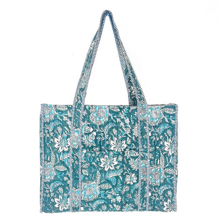 QUILTED TOTE W/TRAVEL POUCH - TEAL FLORALS