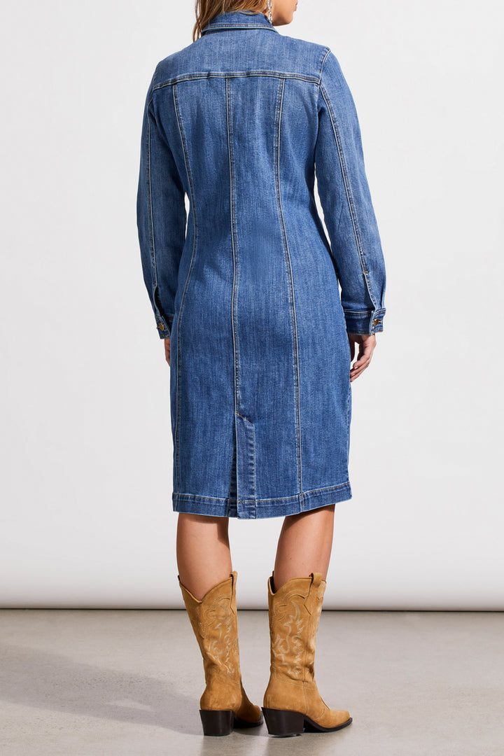 LONG FITTED DENIM DRESS JACKET - PORT BLUE