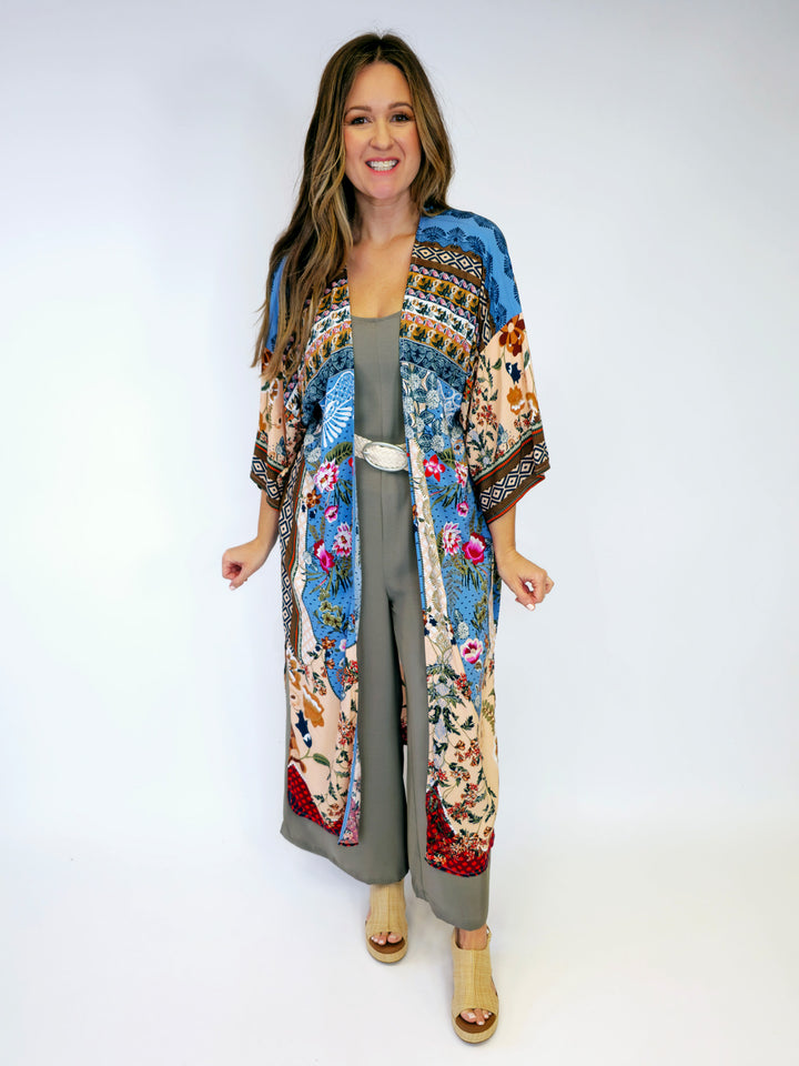 LONG FLORAL KIMONO W/TIE - BLUE/TAN