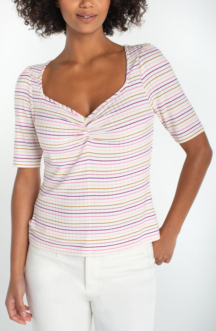 HALF SLEEVE SWEATHEART KNIT TOP - CREAM/PINK STRIPE