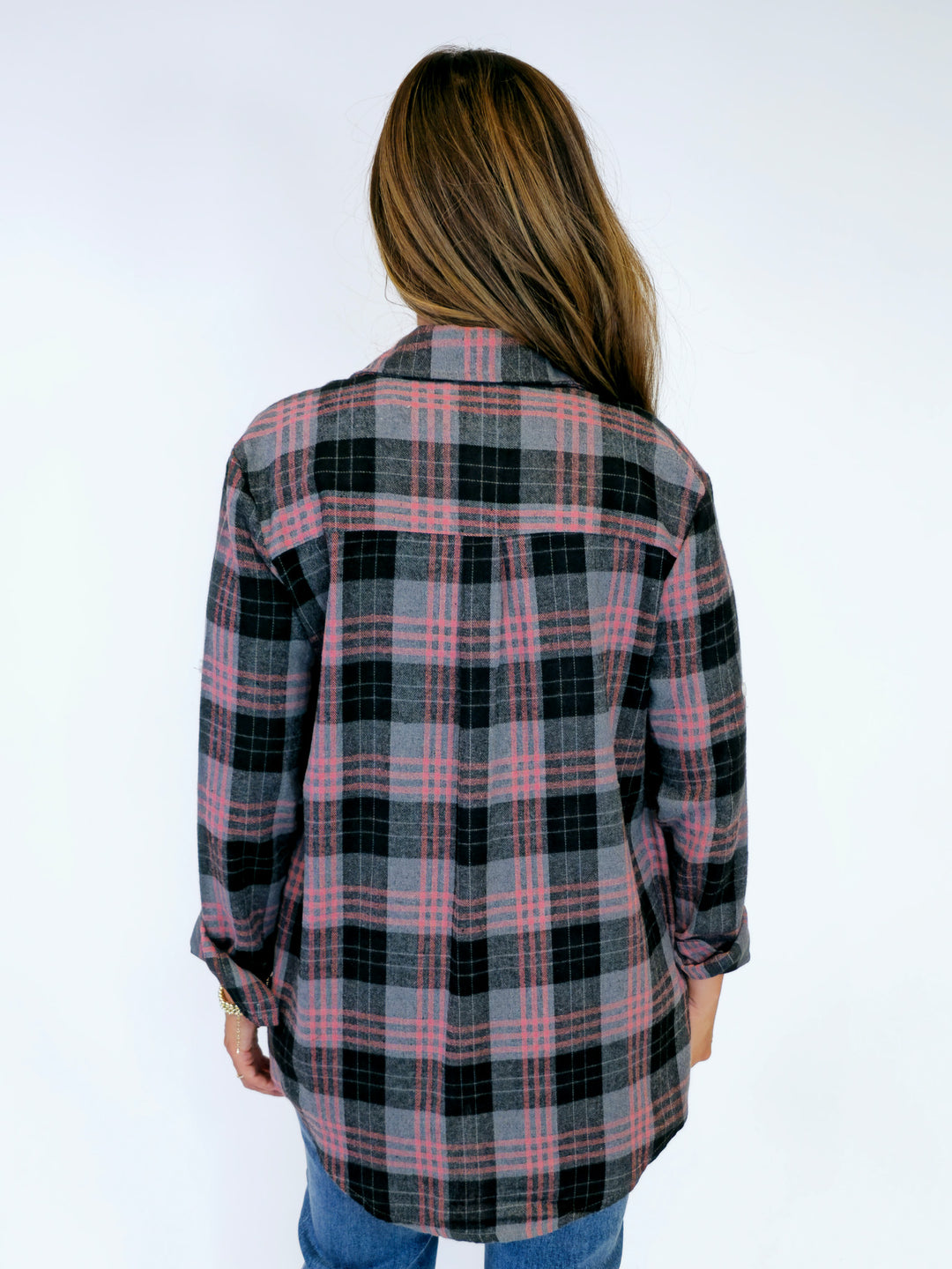 LONG SLEEVE CHECK FLANNEL DUSTER SHIRT - PINK