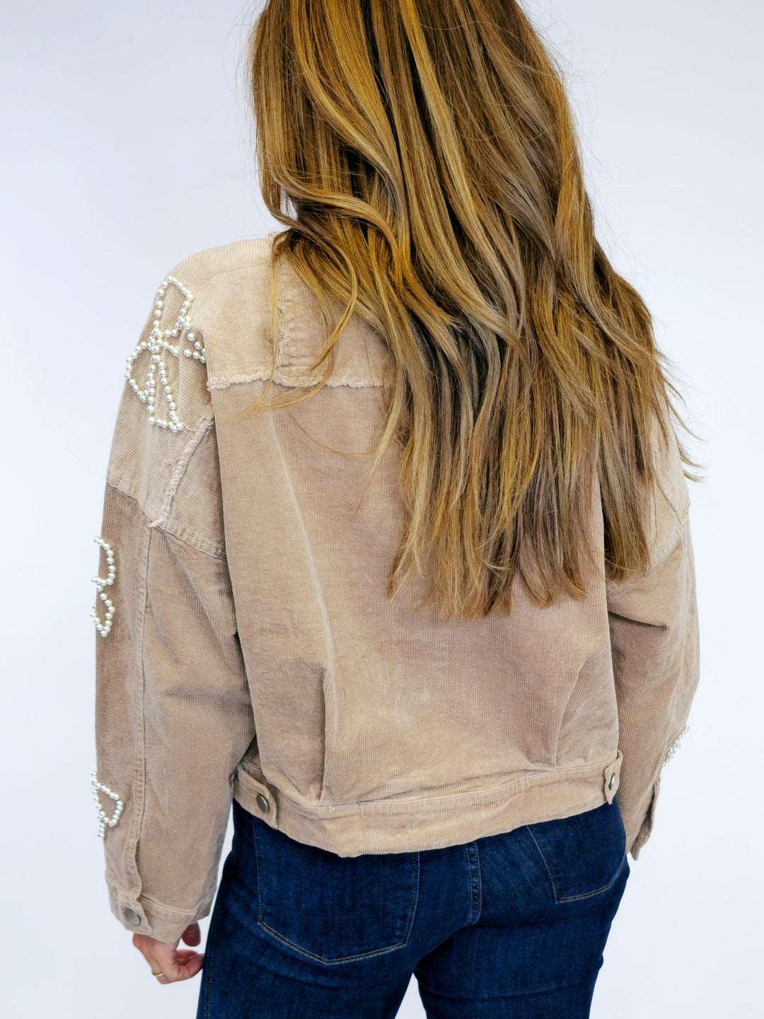 CORDUROY JACKET WITH PEARL BOWS - BROWN