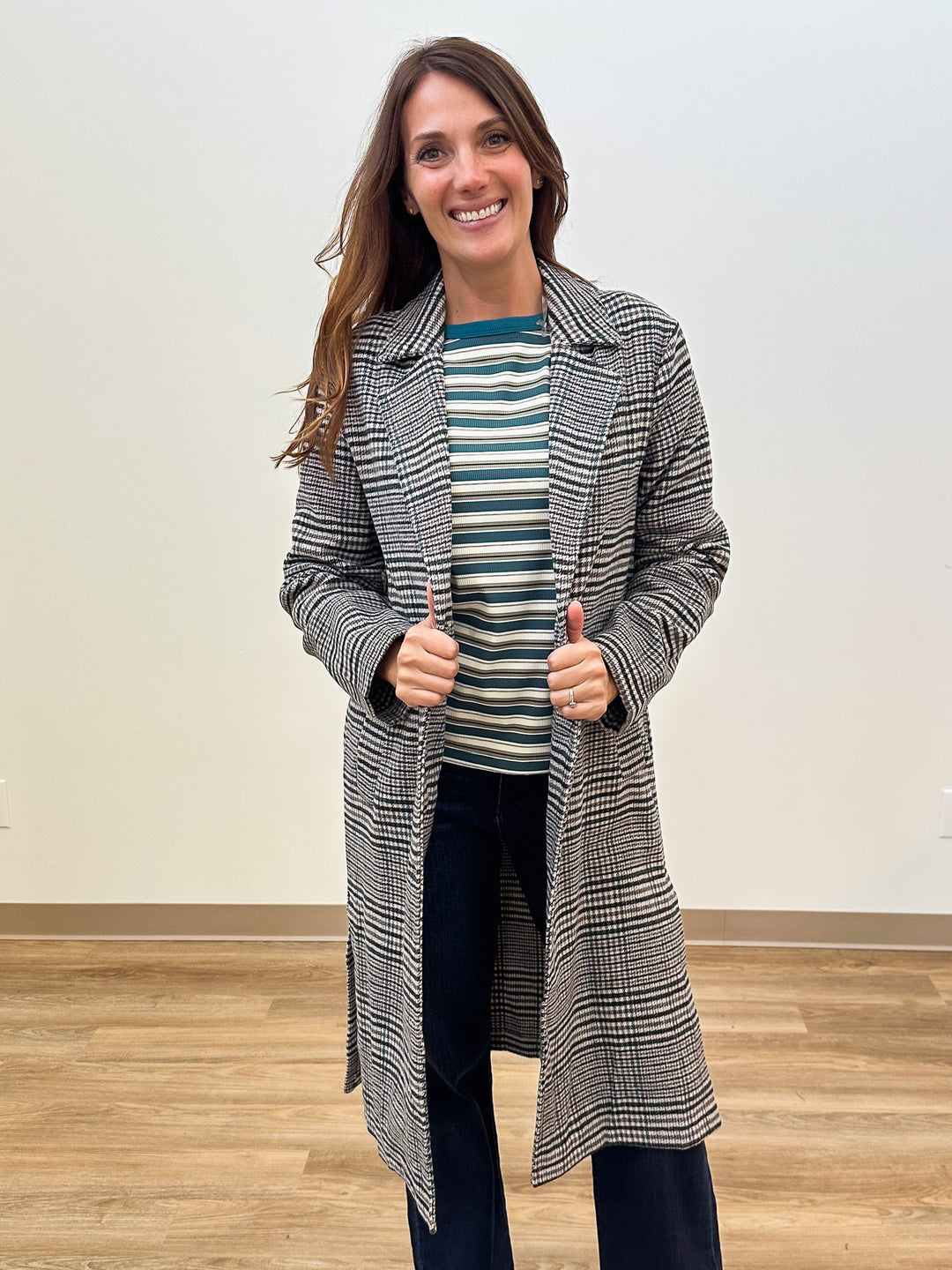 HOUNDSTOOTH PLAID LONG COAT - CHARCOAL GREEN