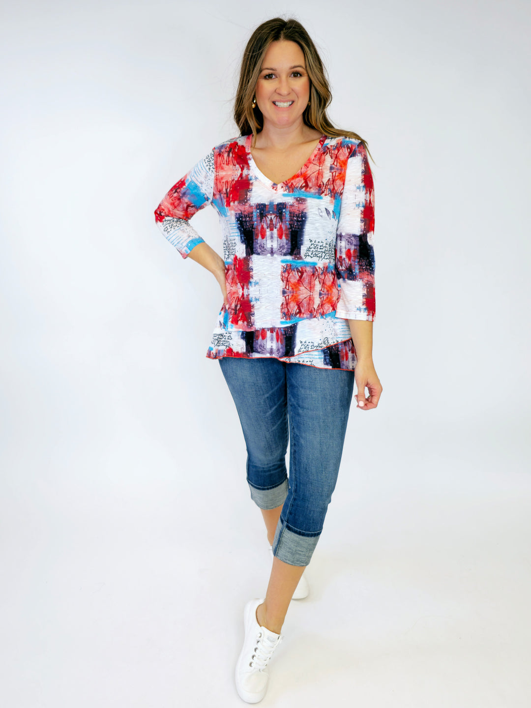 V-NECK 3/4 SLEEVE PRINTED TOP - CORAL