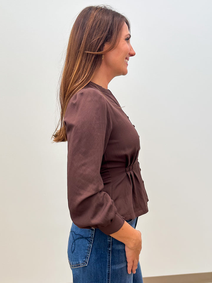 L/S SPLIT NECK PINTUCKED BUTTON UP TOP - COCOA