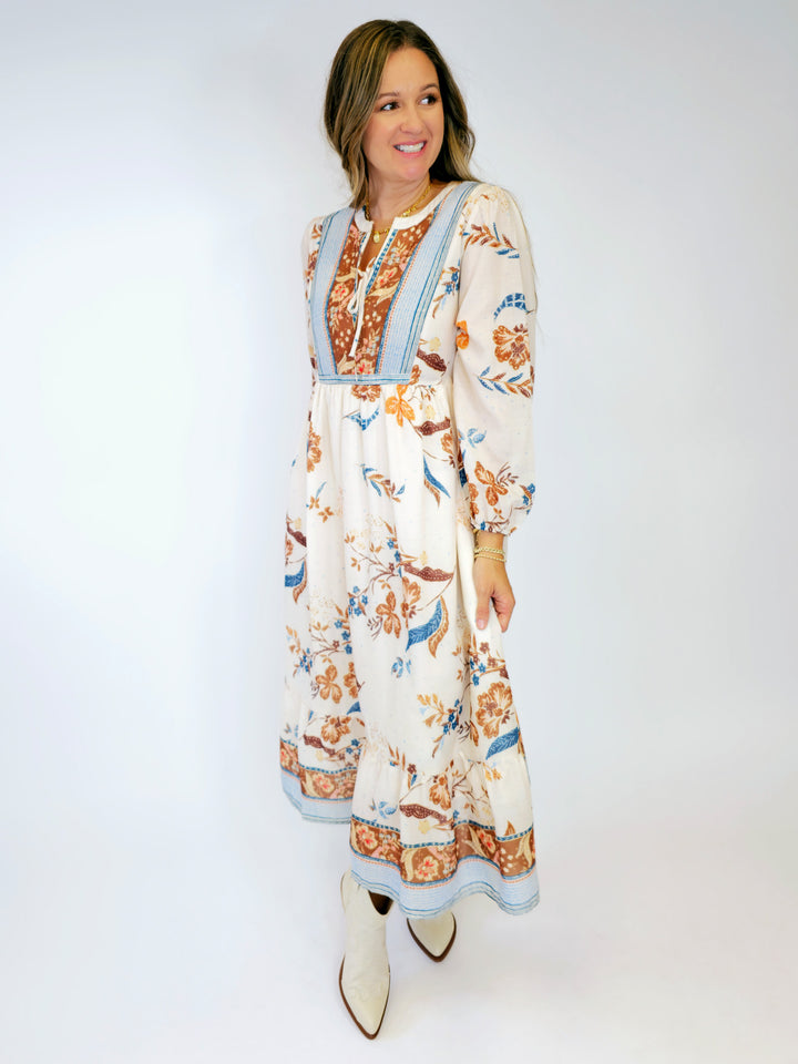 BOHO LONG SLEEVE LINED MAXI DRESS - CREAM