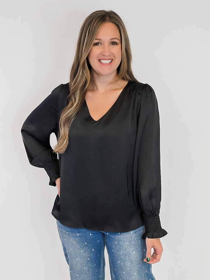 SATIN V-NECK BLOUSE - BLACK