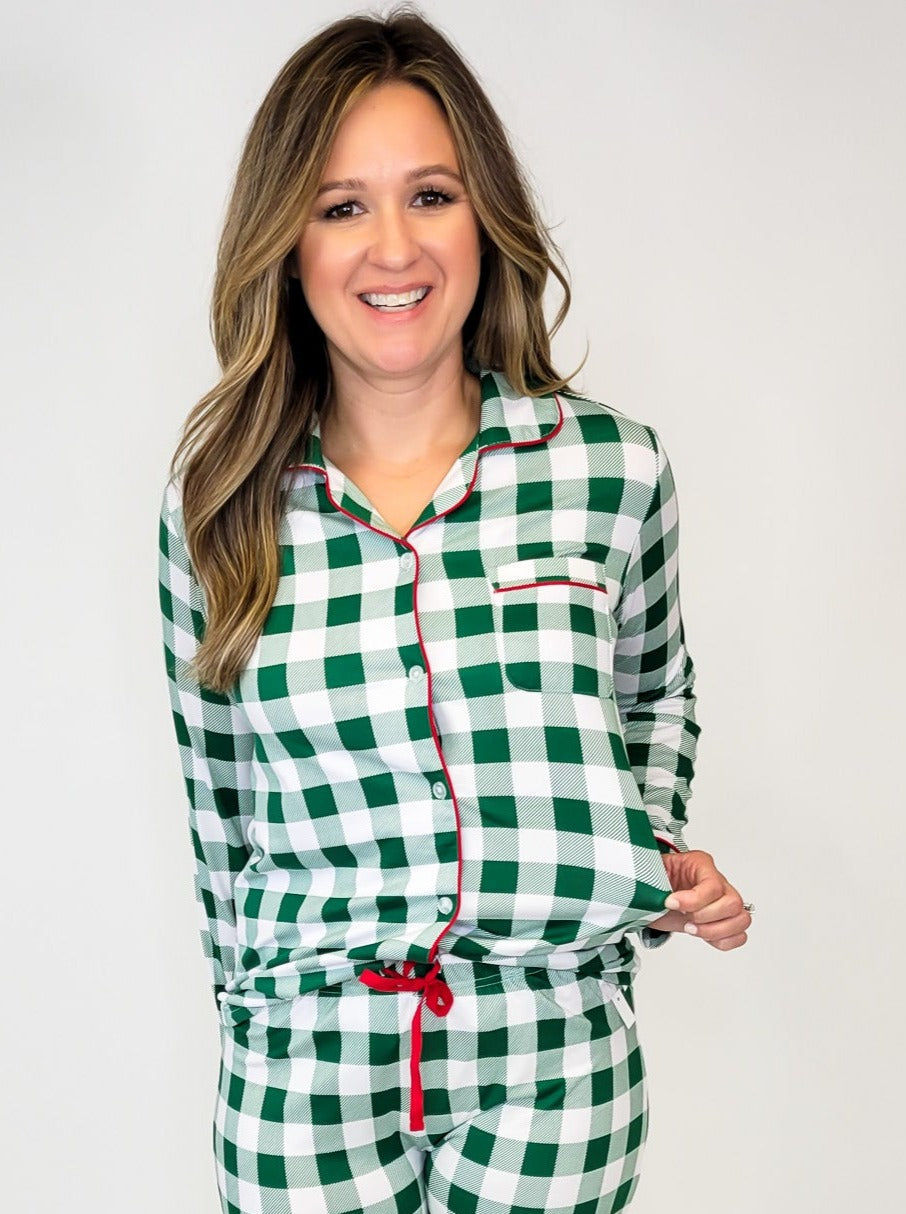 HOLIDAY GINGHAM BUTTON UP PJ SHIRT - RED/GREEN