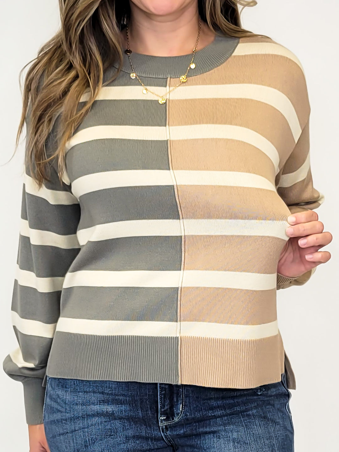 COLOR BLOCK STRIPE PULLOVER - GREY/TAUPE