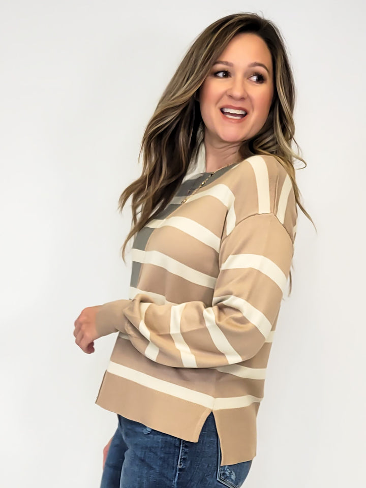 COLOR BLOCK STRIPE PULLOVER - GREY/TAUPE