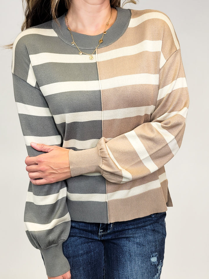COLOR BLOCK STRIPE PULLOVER - GREY/TAUPE