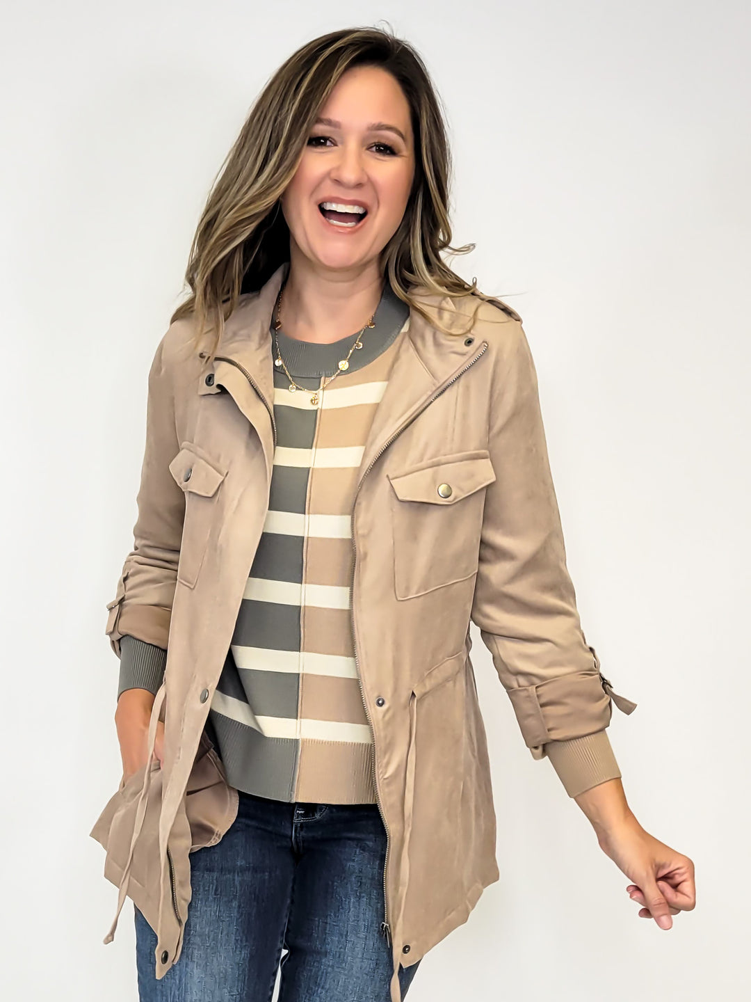 COLOR BLOCK STRIPE PULLOVER - GREY/TAUPE