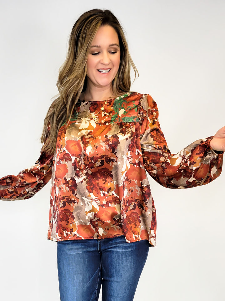 WOMEN'S ABSTRACT BOTANICAL PRINT LONG SLEEVE BLOUSE - TAUPE/RUST