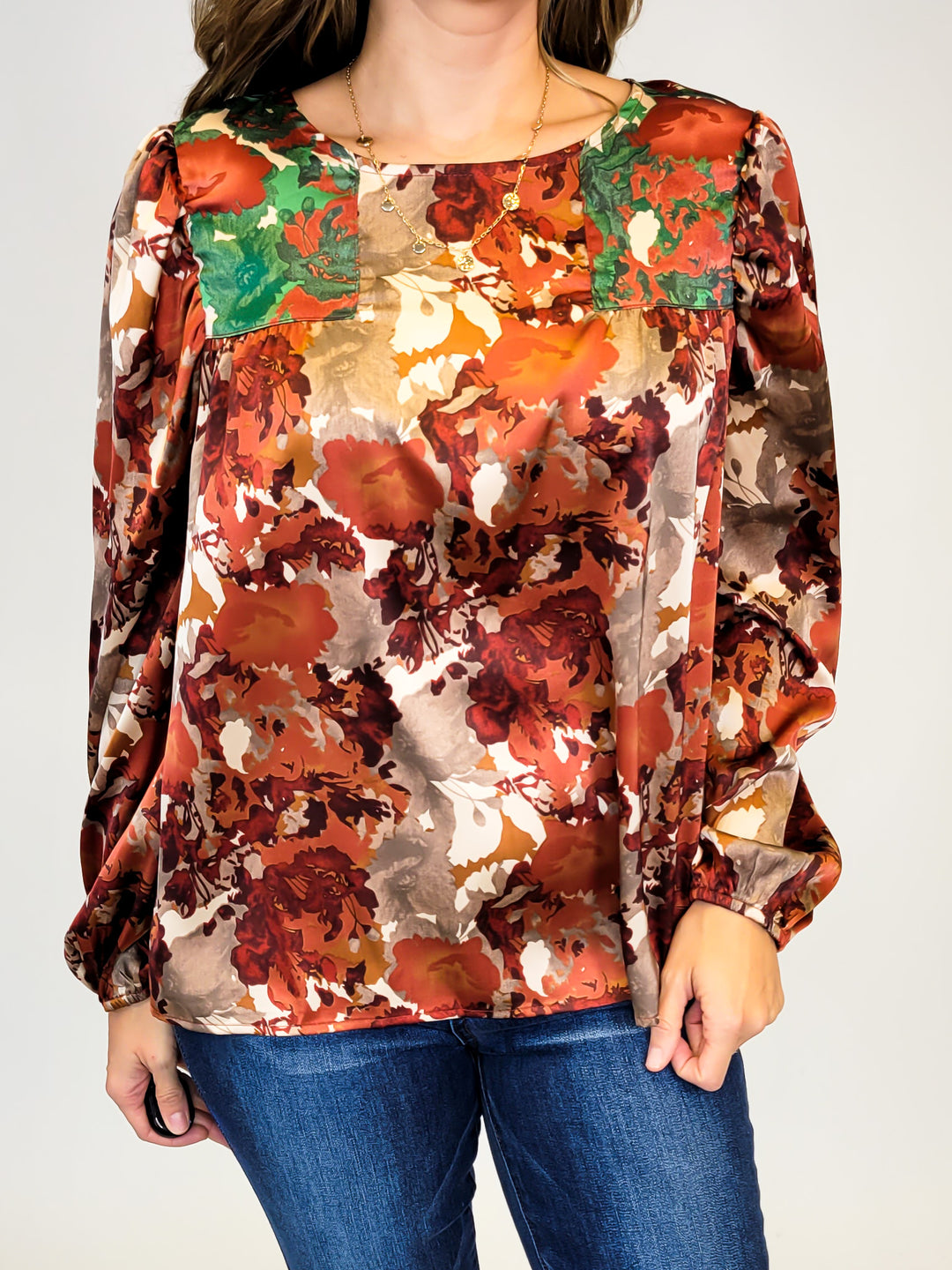 WOMEN'S ABSTRACT BOTANICAL PRINT LONG SLEEVE BLOUSE - TAUPE/RUST