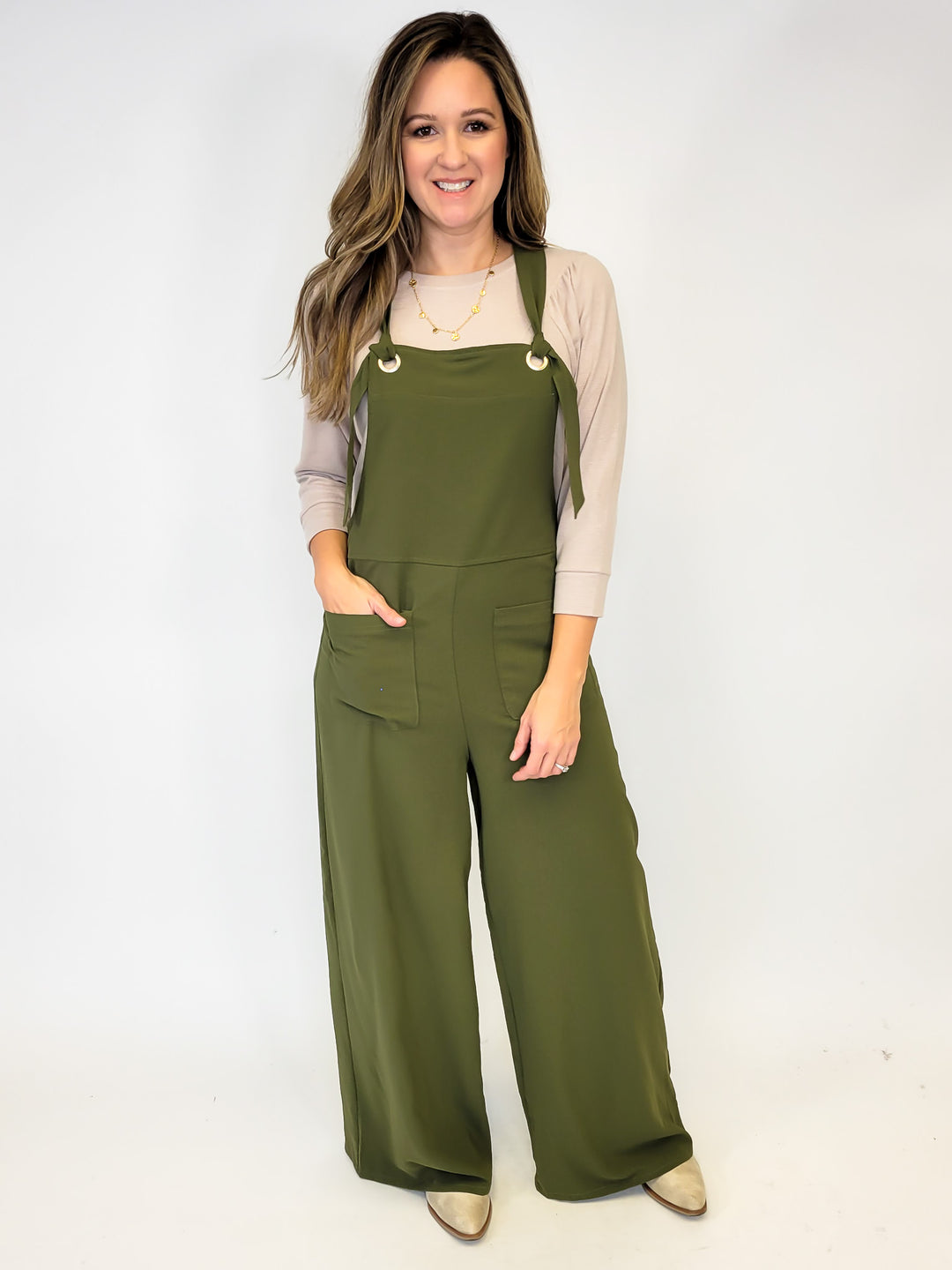CREW NECK 3/4 SLEEVE TOP - TAUPE