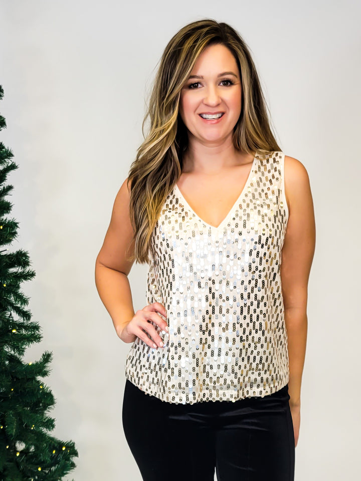 SEQUIN SLEEVELESS TOP - CHAMPAGNE