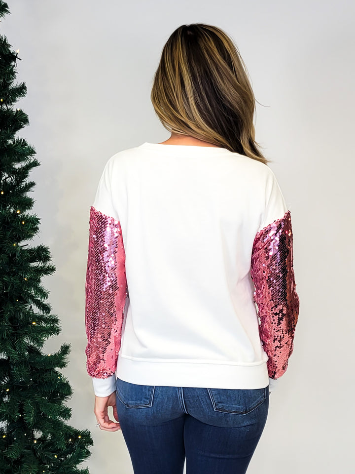 SEQUIN SLEEVE NUTCRACKER HOLIDAY SWEATSHIRT - WHITE/PINK