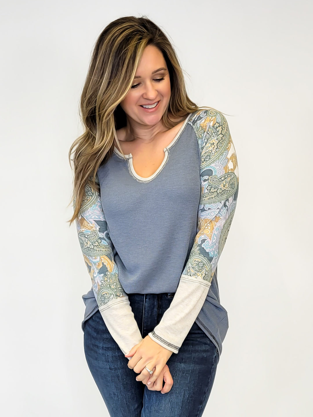 PAISLEY SLEEVE THERMAL TOP - DENIM/MUSTARD