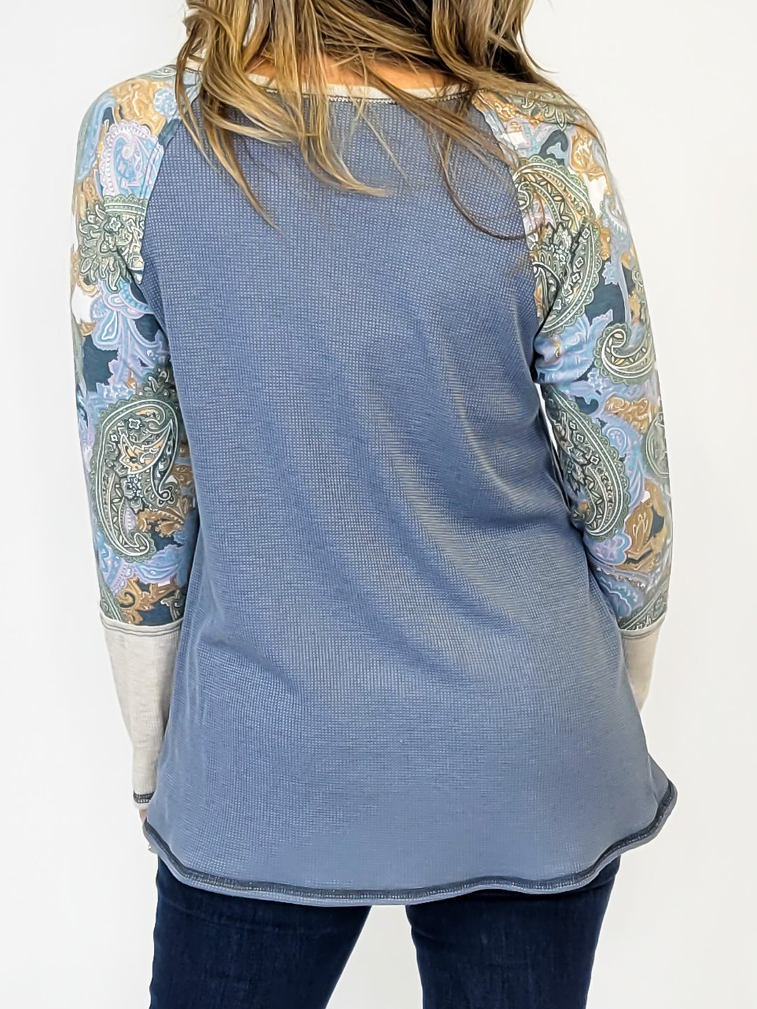 PAISLEY SLEEVE THERMAL TOP - DENIM/MUSTARD