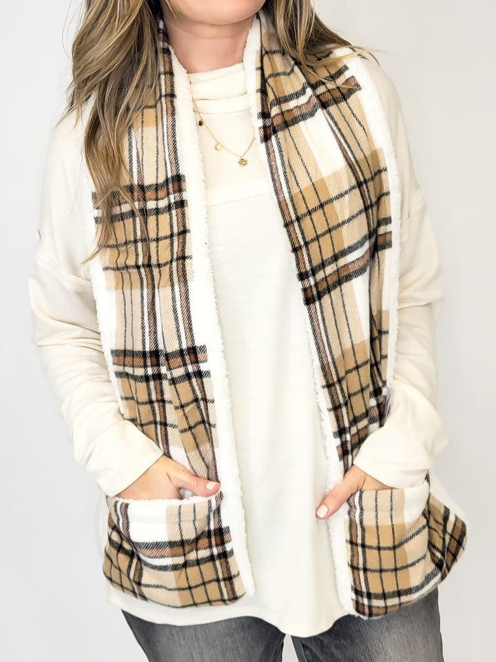 ULTRA PLAID HEATED SCARF, TAN/IVORY