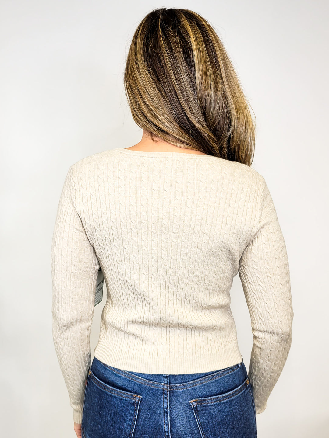 V-NECK LONG SLEEVE CABLE TEXTURE SWEATER - CREAM