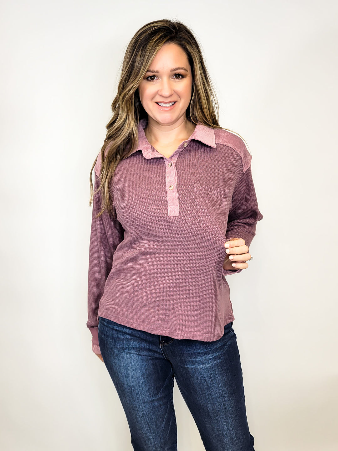 THERMAL KNIT POLO PULLOVER TOP - MAUVE