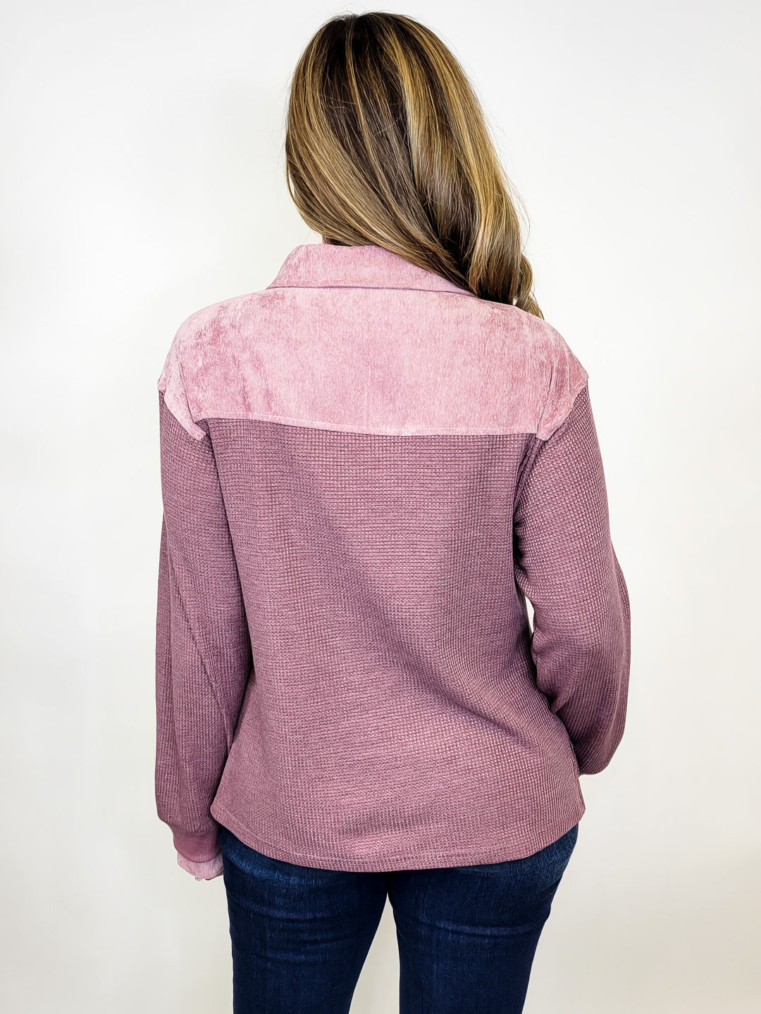 THERMAL KNIT POLO PULLOVER TOP - MAUVE