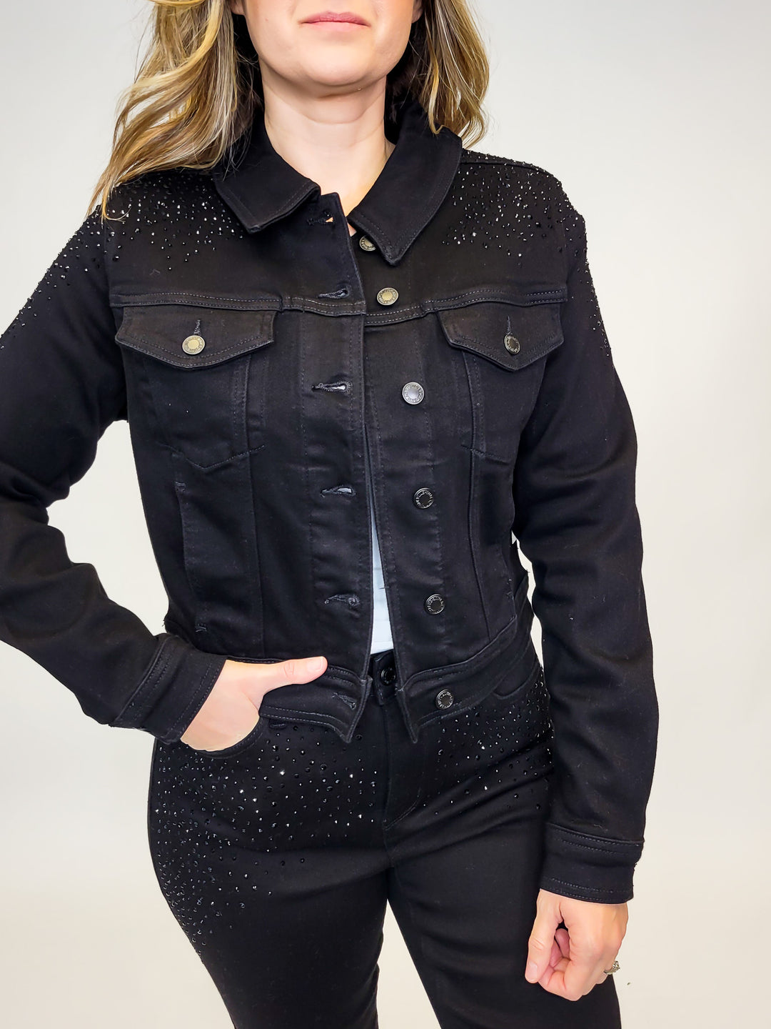 Judy Blue Black Rhinestone Denim Jacket – Spotted Sparrow Boutique