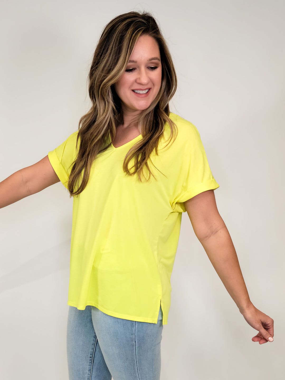 SOLID STRETCHY CAP SLEEVE DOLMAN TOP - NEON YELLOW
