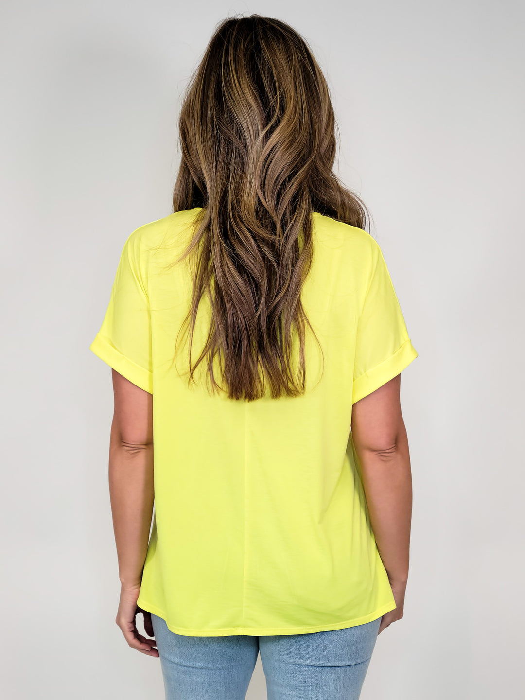 SOLID STRETCHY CAP SLEEVE DOLMAN TOP - NEON YELLOW