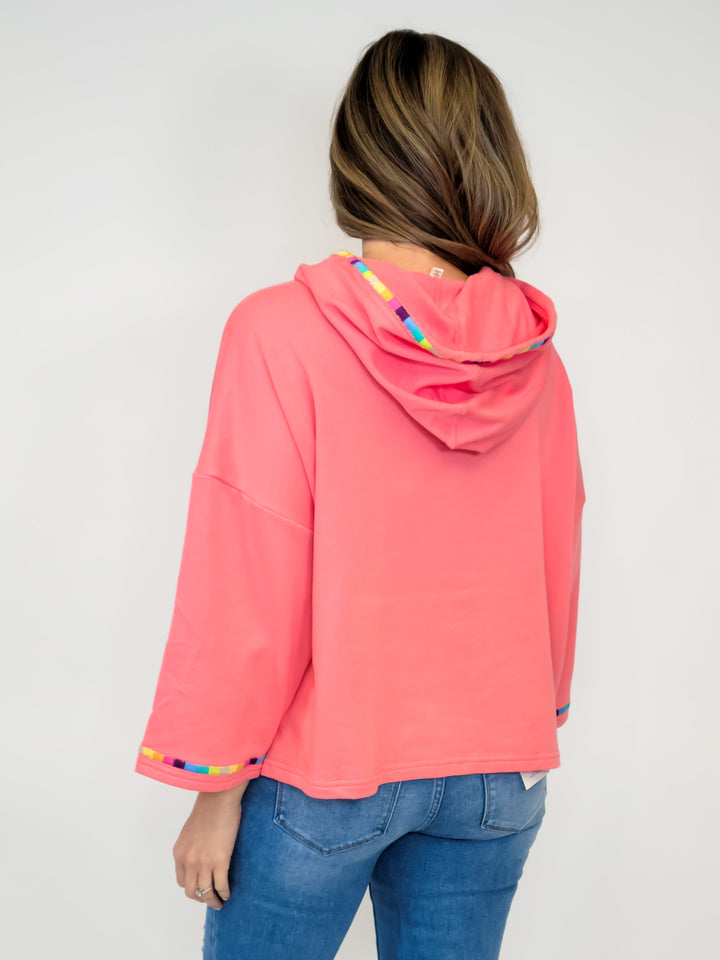 SMILEY FACE EMBROIDERY TERRY KNIT HOODIE - CORAL