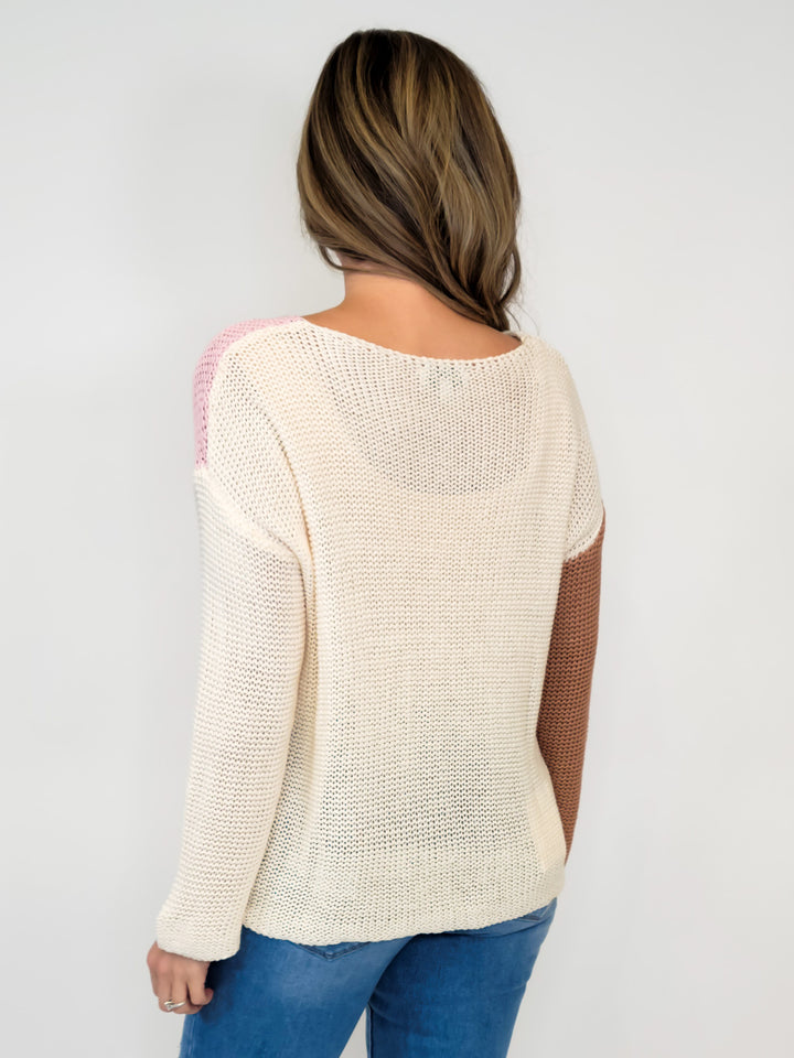 LOOSE KNIT COLOR BLOCK SWEATER - IVORY/BLUSH