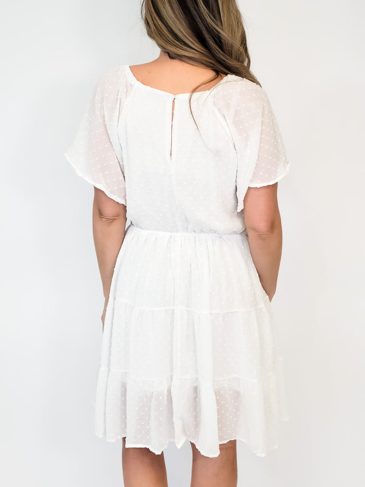 SWISS DOT LINED SHORT DRESS WITH SLEEVES - SOFT WHITE
