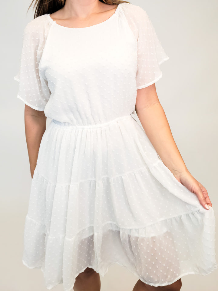 SWISS DOT LINED SHORT DRESS WITH SLEEVES - SOFT WHITE