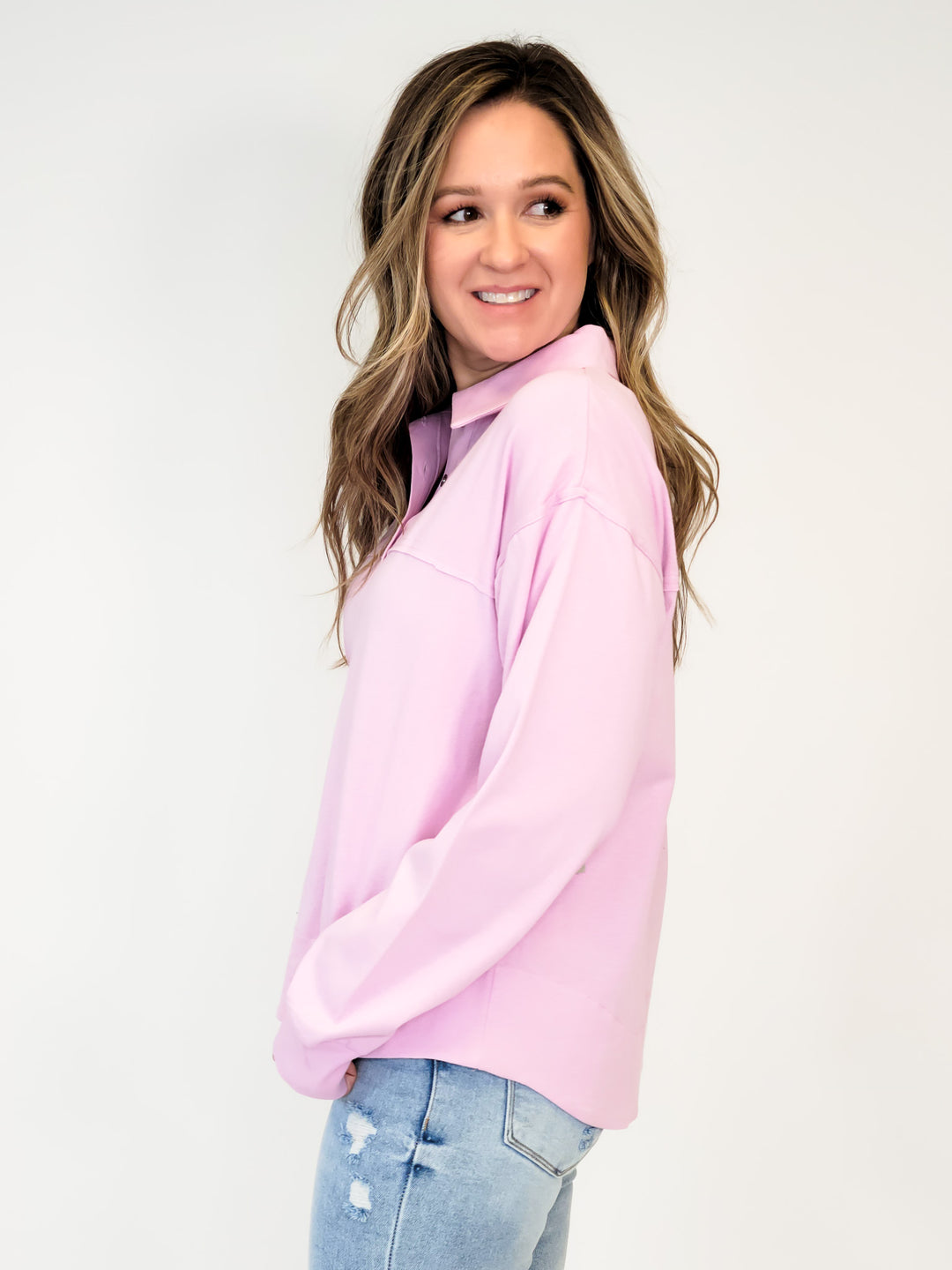 RELAXED FIT RIBBED LONG SLEEVE HENLEY TOP - PINK