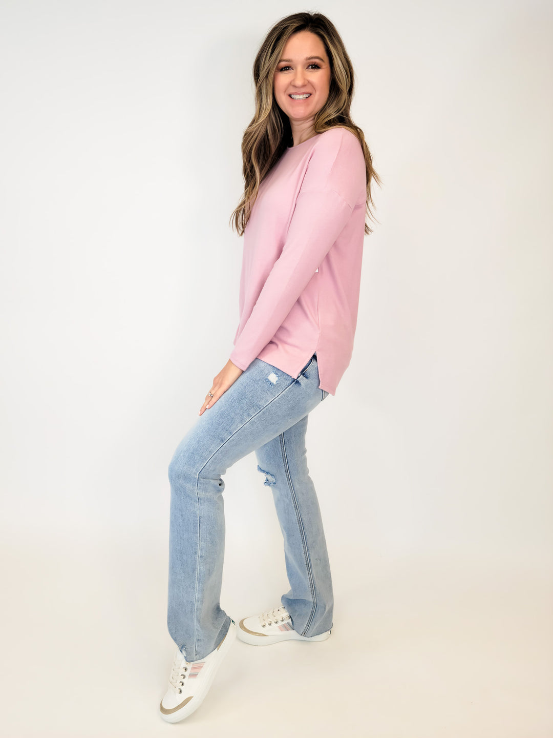 LONG SLEEVE WIDE NECK TOP - ROSE PINK