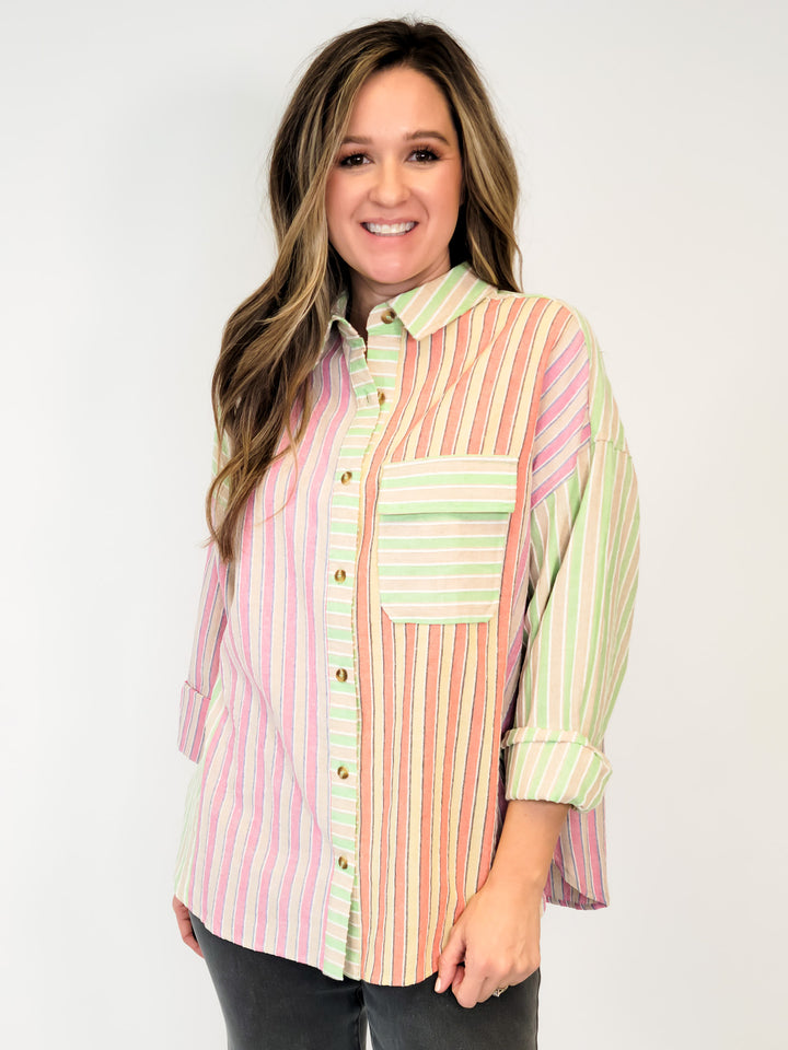 MIXED STRIPE BUTTON UP TOP - PINK