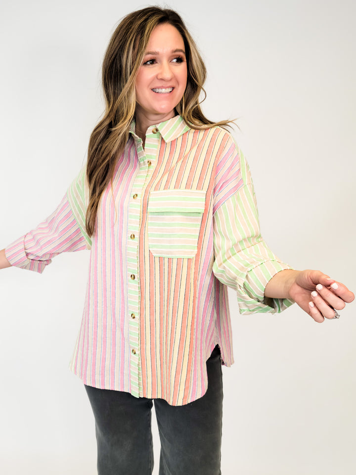 MIXED STRIPE BUTTON UP TOP - PINK