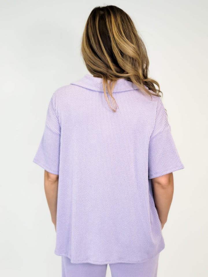 BUTTON UP COMFY RIBBED TOP - LAVENDER