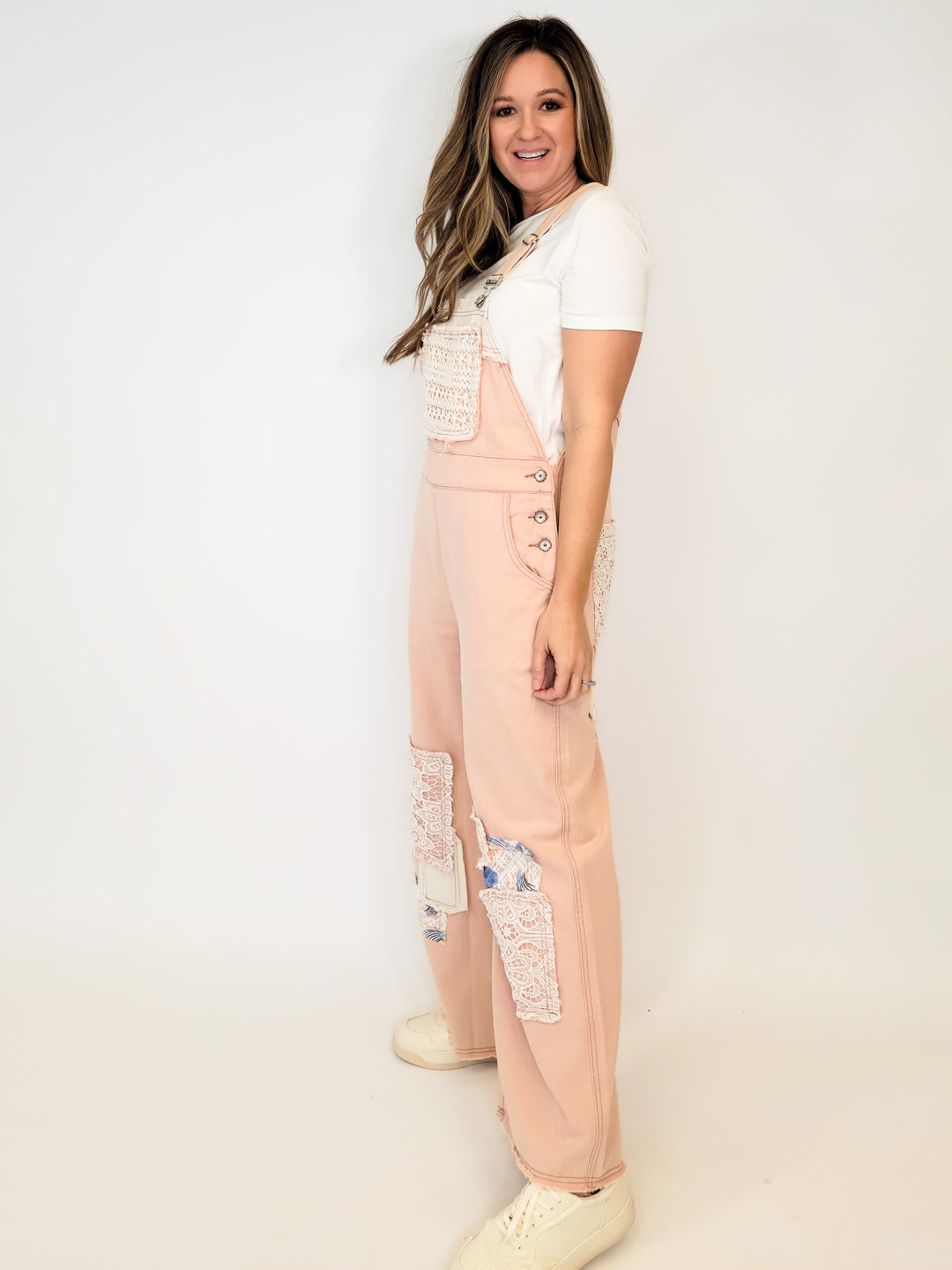 DENIM OVERALLS WITH CROCHET PATCHES - PINK
