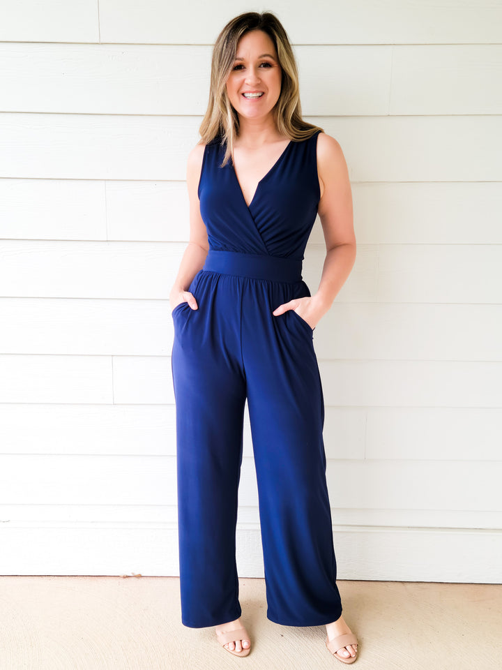 SLEEVELESS CROSSOVER ALL OCCASSION JUMPSUIT - NAVY