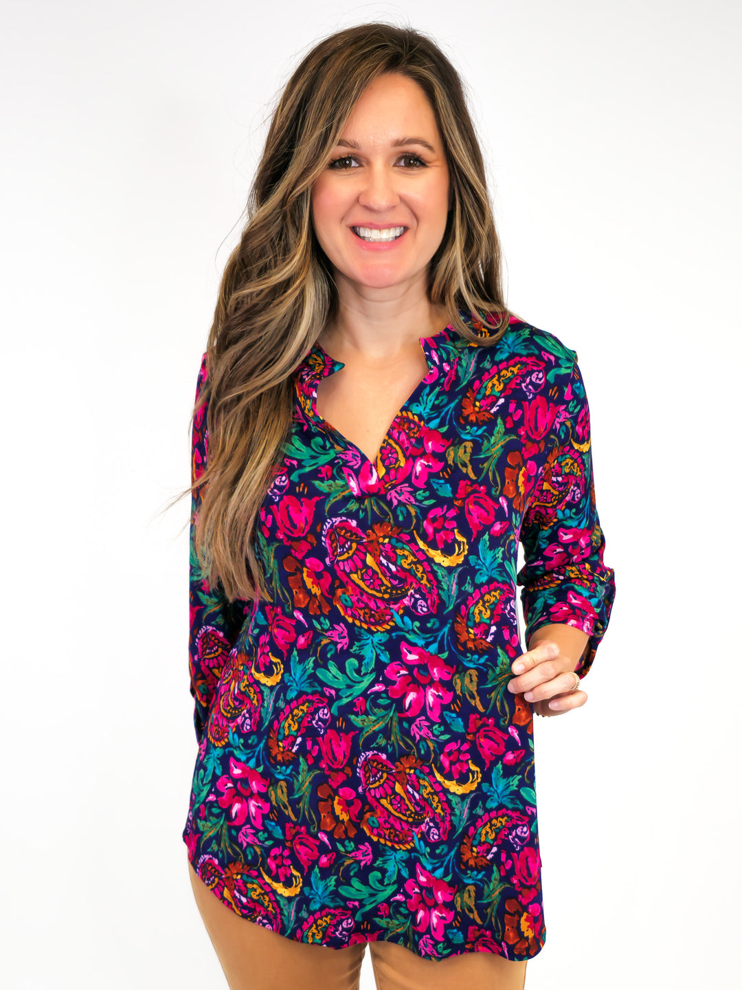 DEAR SCARLETT STRETCHY LIZ TOP WITH 3/4 SLEEVES - NAVY/MAGENTA FLORAL