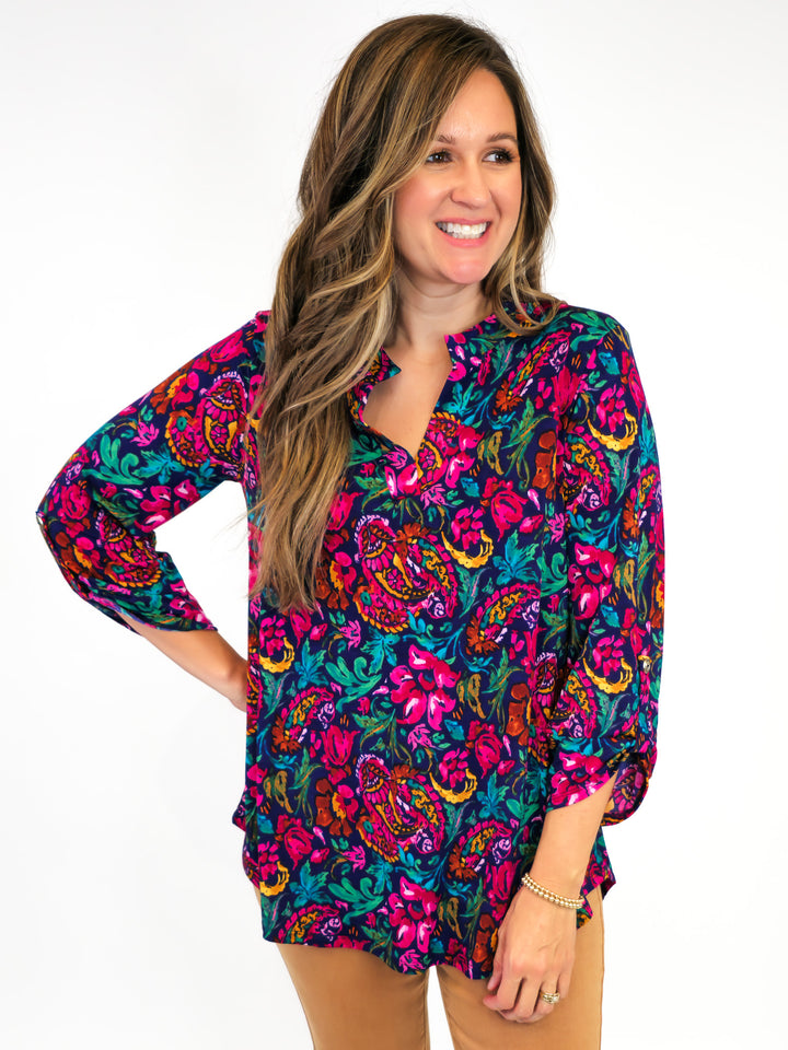 DEAR SCARLETT STRETCHY LIZ TOP WITH 3/4 SLEEVES - NAVY/MAGENTA FLORAL