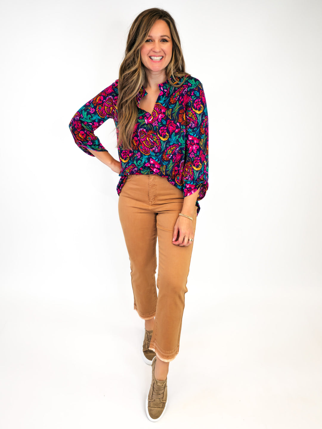 DEAR SCARLETT STRETCHY LIZ TOP WITH 3/4 SLEEVES - NAVY/MAGENTA FLORAL